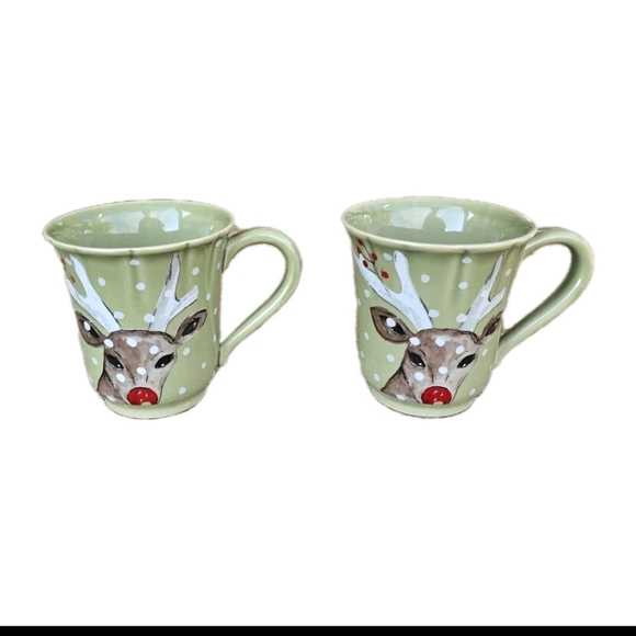 Casafina Deer Friends Mug Pair Red Nosed Reindeer Polka Dot Print On Green Sage - Picture 9 of 9